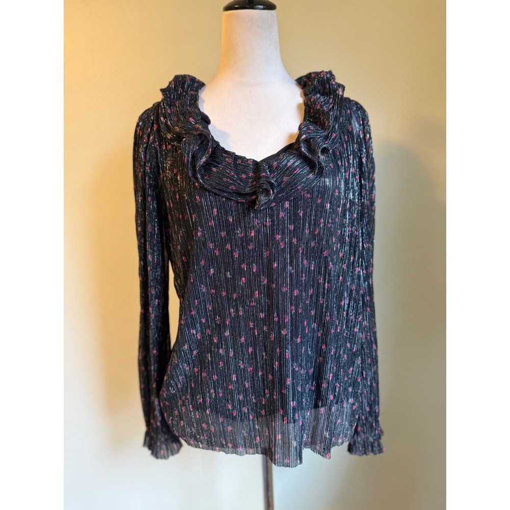 J. Crew Black Metallic Floral Ruffle romantic dainty Blouse Top M boho whimsi Y